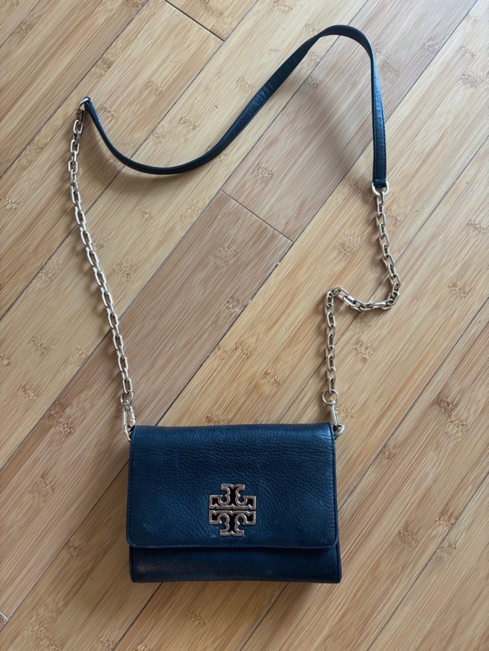 Tory Burch Black Leather Chain Crossbody with Gold Logo